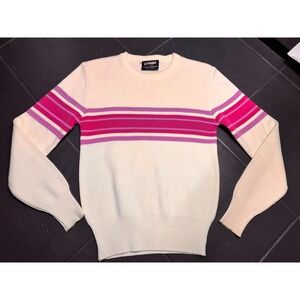 Vintage 80s OSSI Skiwear Pink Striped Crewneck Sweater Wool Blend Retro Alpine S
